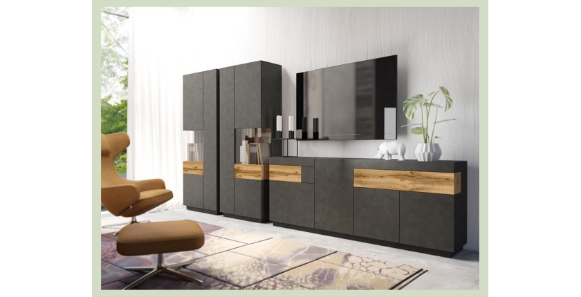 Vitrine, bibliothèque, vaisselier KILES coloris gris anthracite et chêne. Modèle vitrine gauche. LED intégrée