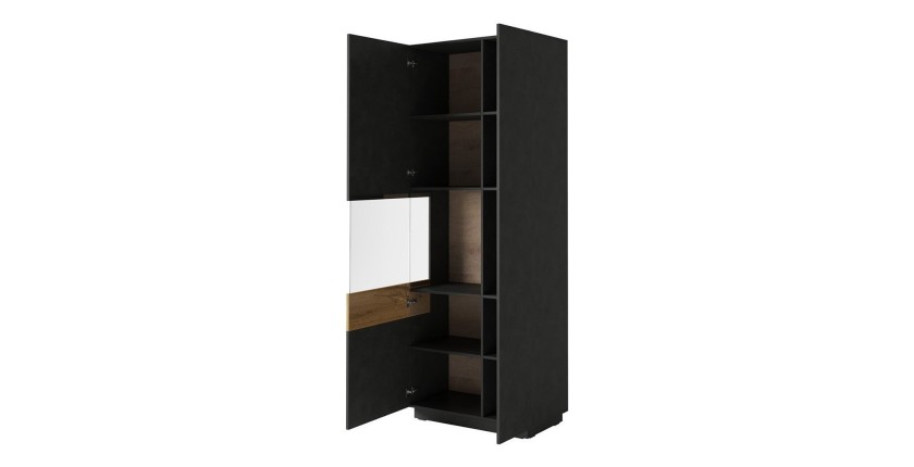 Vitrine, bibliothèque, vaisselier KILES coloris gris anthracite et chêne. Modèle vitrine gauche. LED intégrée