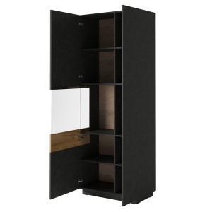 Vitrine, bibliothèque, vaisselier KILES coloris gris anthracite et chêne. Modèle vitrine gauche. LED intégrée