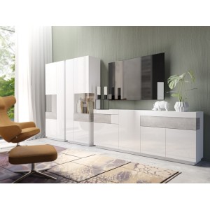 Vitrine, bibliothèque, vaisselier KILES coloris blanc et gris. Modèle vitrine gauche. LED intégrée