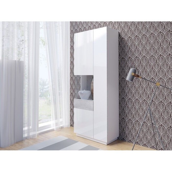 Vitrine, bibliothèque, vaisselier KILES coloris blanc et gris. Modèle vitrine gauche. LED intégrée
