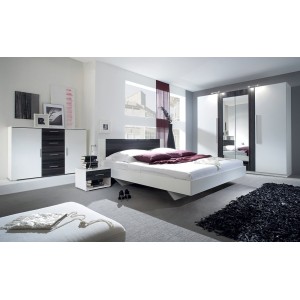 Chambre complète Irina coloris blanc et gris anthracite : Lit 160x200 cm + armoire + commode + chevets.