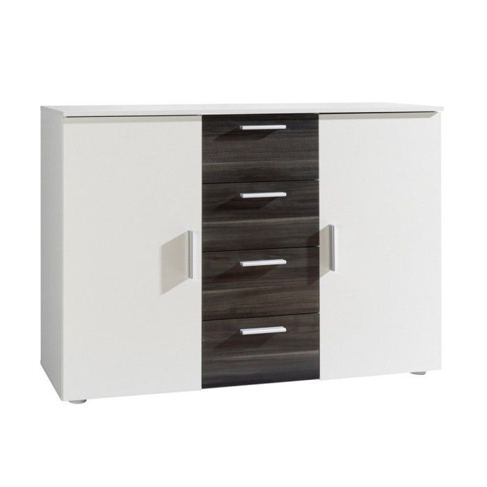 Chambre complète Irina coloris blanc et gris anthracite : Lit 160x200 cm + armoire + commode + chevets.