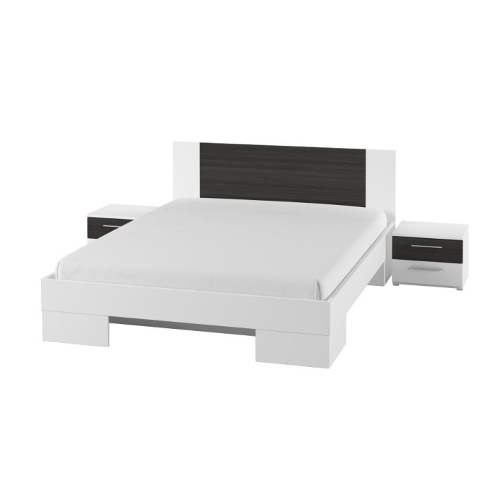 Chambre complète Irina coloris blanc et gris anthracite : Lit 160x200 cm + armoire + commode + chevets.
