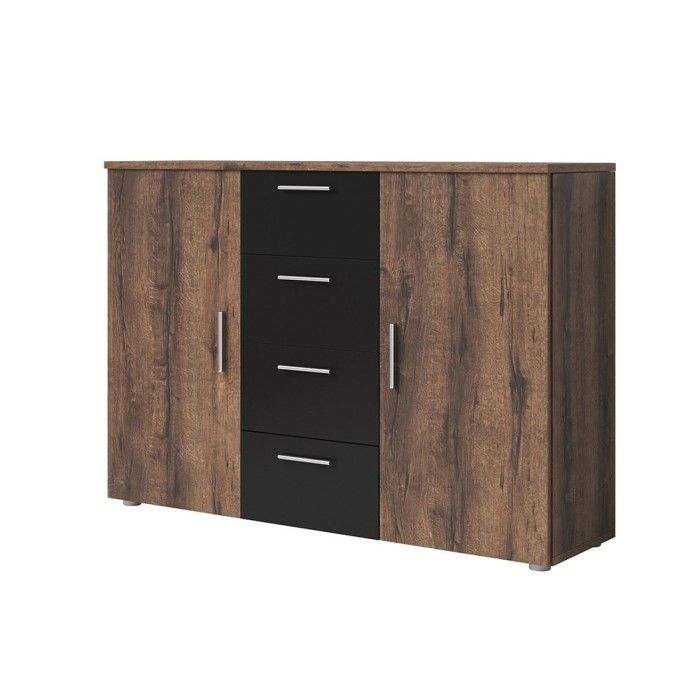 Chambre complète Irina imitation chêne foncé et noir : Lit 160x200 cm + armoire + commode + chevets.