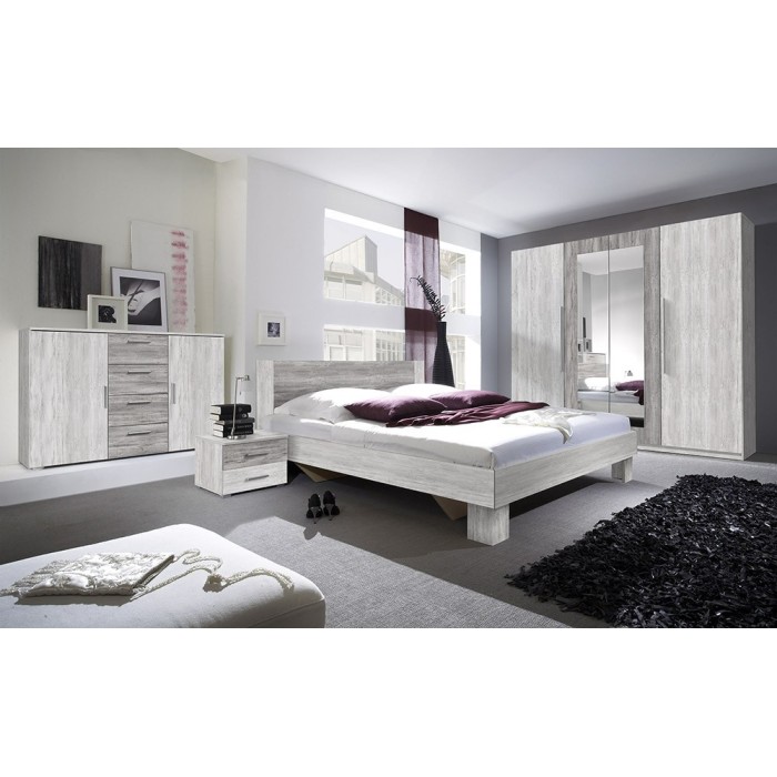 Chambre complète Irina imitation bois gris clair et gris foncé : Lit 180x200 cm + armoire + commode + chevets.