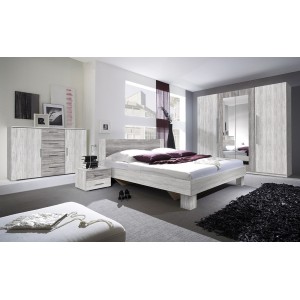 Chambre complète Irina imitation bois gris clair et gris foncé : Lit 180x200 cm + armoire + commode + chevets.