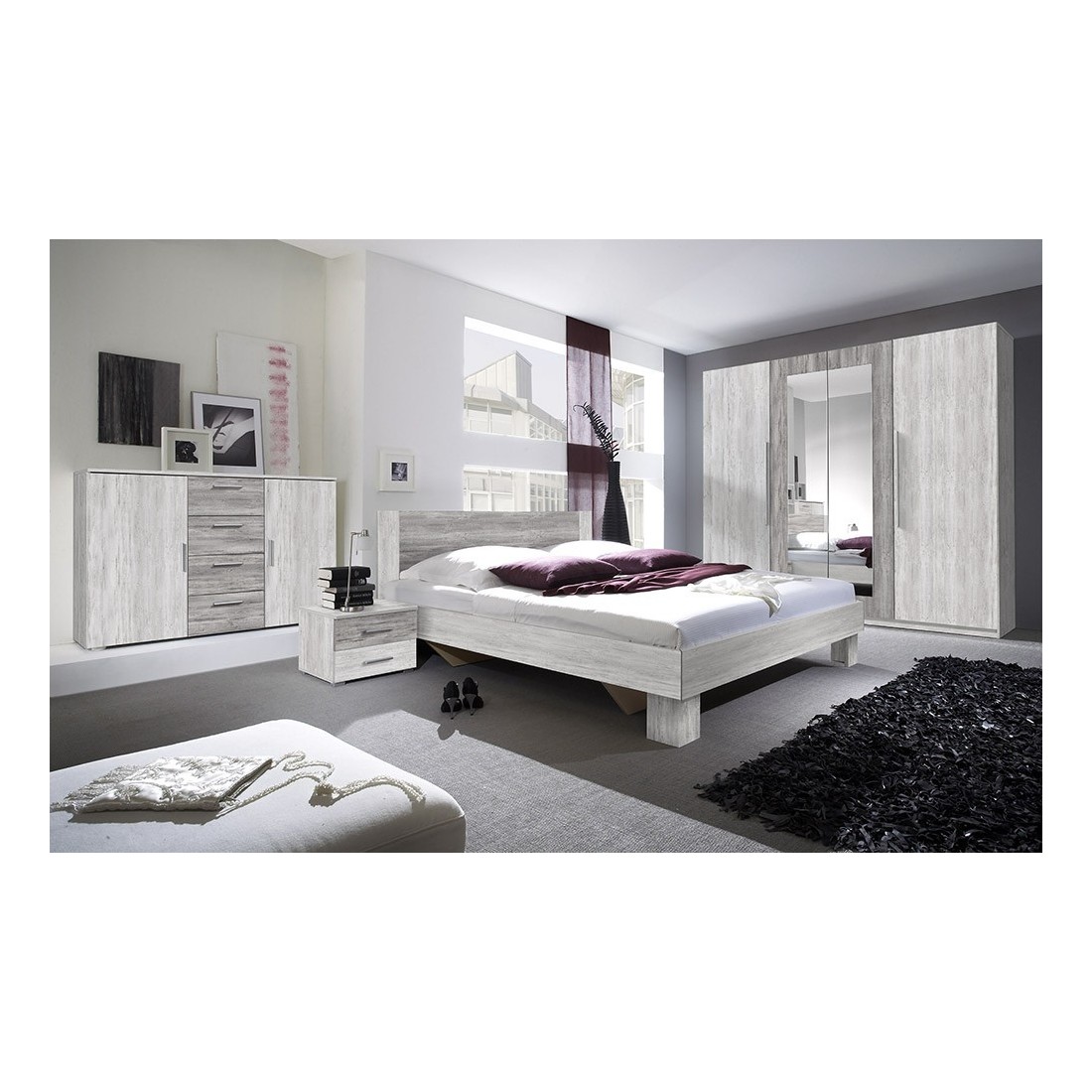 Chambre complète Irina imitation bois gris clair et gris foncé : Lit 180x200 cm + armoire + commode + chevets.