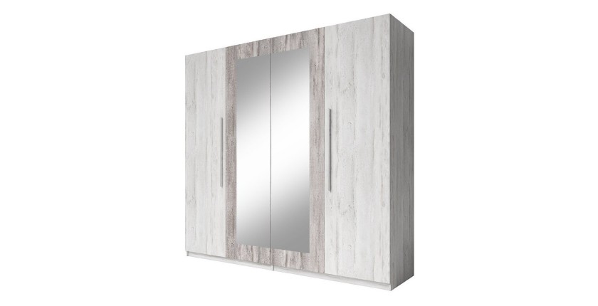 Chambre complète Irina imitation bois gris clair et gris foncé : Lit 180x200 cm + armoire + commode + chevets.