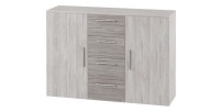 Chambre complète Irina imitation bois gris clair et gris foncé : Lit 180x200 cm + armoire + commode + chevets.