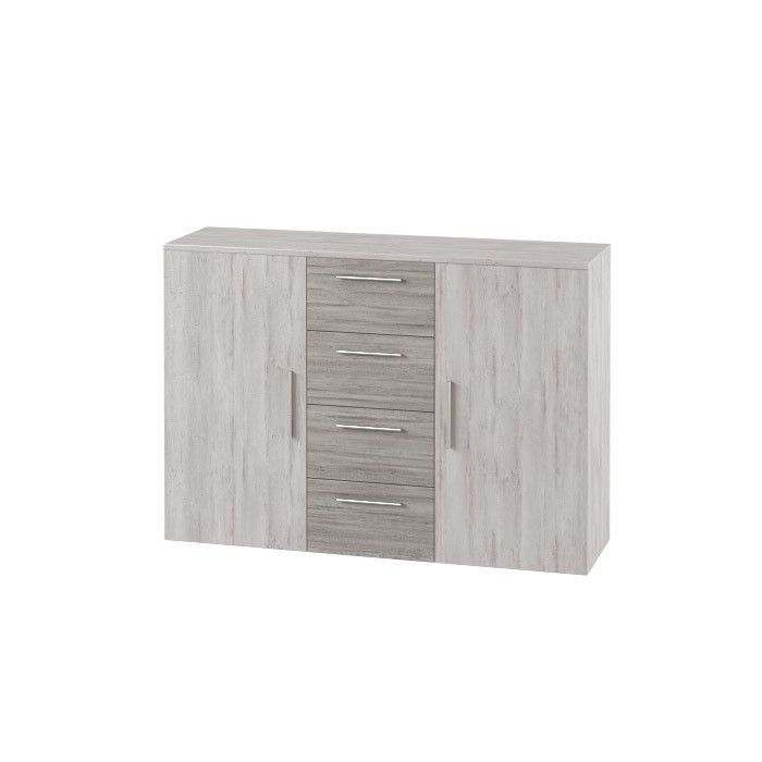 Chambre complète Irina imitation bois gris clair et gris foncé : Lit 180x200 cm + armoire + commode + chevets.