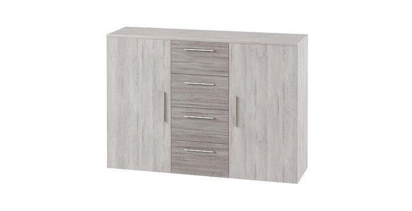 Chambre complète Irina imitation bois gris clair et gris foncé : Lit 180x200 cm + armoire + commode + chevets.