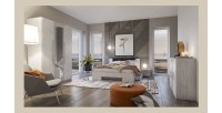 Chambre complète Irina imitation bois gris clair et gris foncé : Lit 180x200 cm + armoire + commode + chevets.