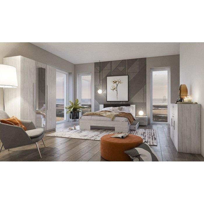 Chambre complète Irina imitation bois gris clair et gris foncé : Lit 180x200 cm + armoire + commode + chevets.