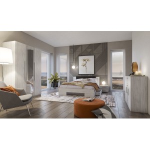Chambre complète Irina imitation bois gris clair et gris foncé : Lit 180x200 cm + armoire + commode + chevets.