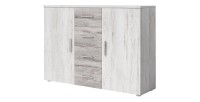 Chambre complète Irina imitation bois gris clair et gris foncé : Lit 180x200 cm + armoire + commode + chevets.