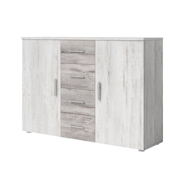 Chambre complète Irina imitation bois gris clair et gris foncé : Lit 180x200 cm + armoire + commode + chevets.