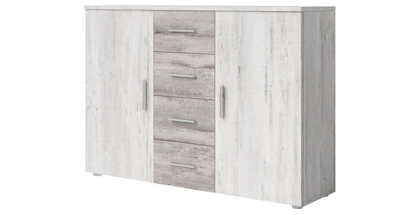 Chambre complète Irina imitation bois gris clair et gris foncé : Lit 180x200 cm + armoire + commode + chevets.