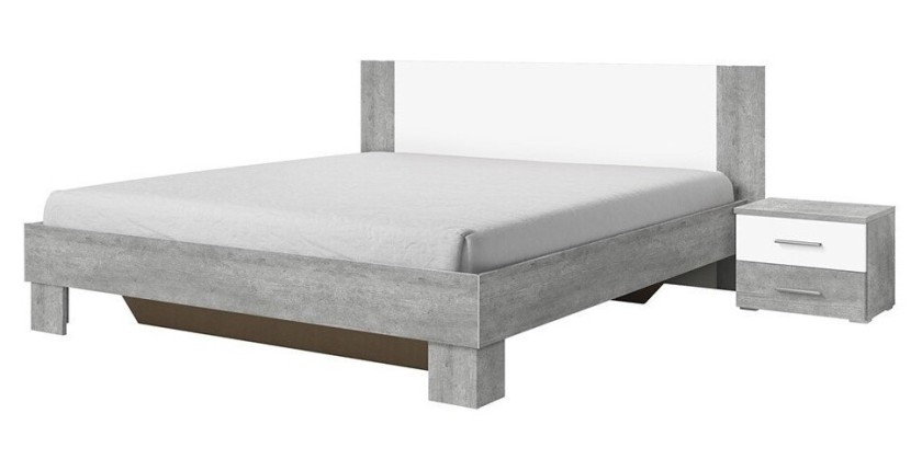 Chambre complète Irina imitation bois gris clair et gris foncé : Lit 180x200 cm + armoire + commode + chevets.