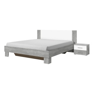 Chambre complète Irina imitation bois gris clair et gris foncé : Lit 180x200 cm + armoire + commode + chevets.