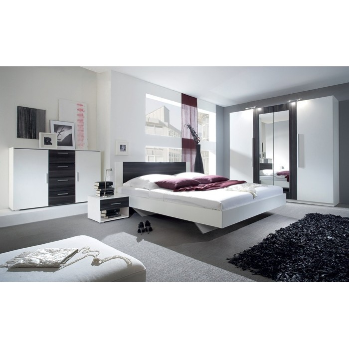 Chambre complète Irina coloris blanc et gris anthracite : Lit 180x200 cm + armoire + commode + chevets.