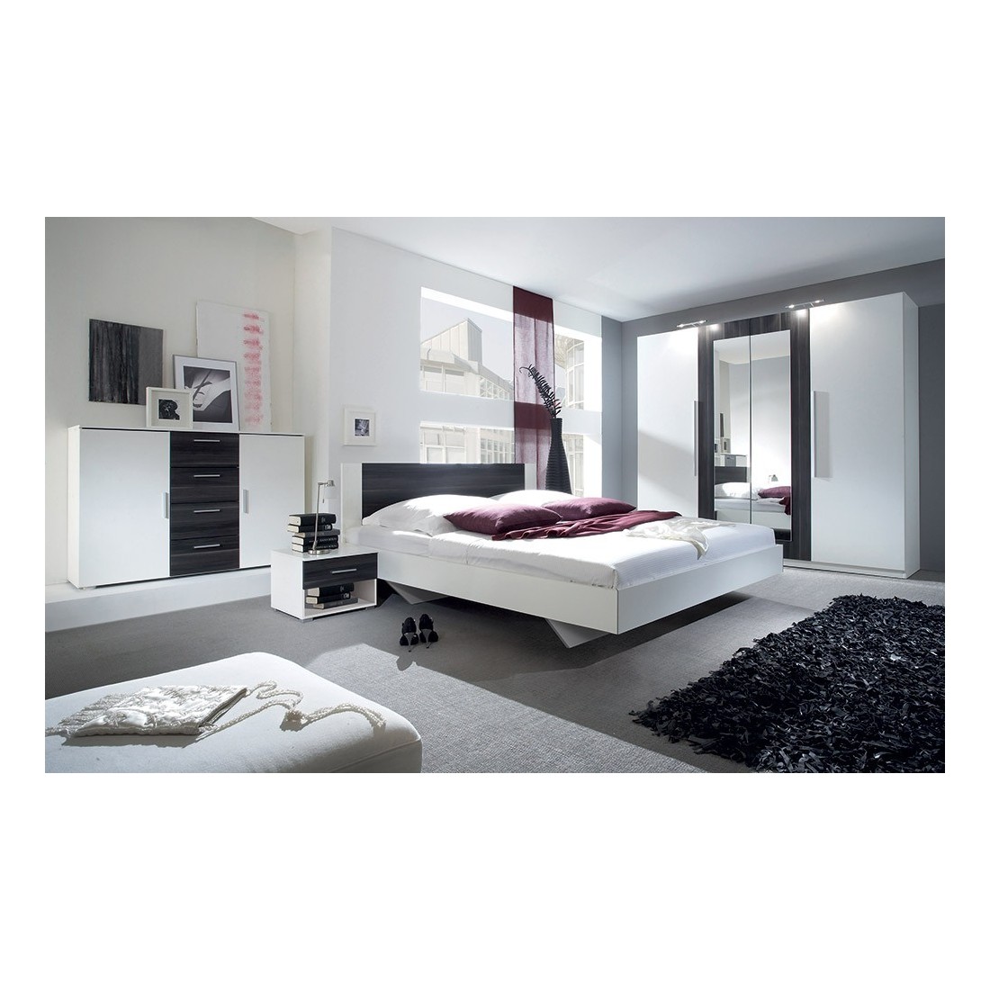 Chambre complète Irina coloris blanc et gris anthracite : Lit 180x200 cm + armoire + commode + chevets.