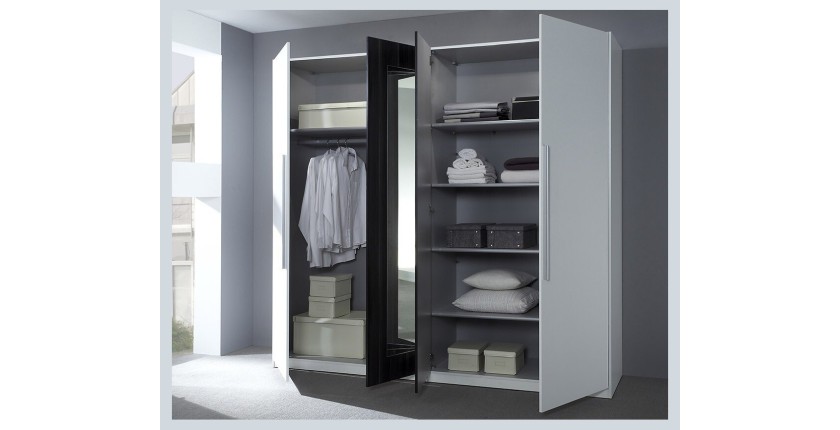 Chambre complète Irina coloris blanc et gris anthracite : Lit 180x200 cm + armoire + commode + chevets.