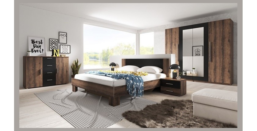 Chambre complète Irina imitation chêne foncé et noir : Lit 180x200 cm + armoire + commode + chevets.