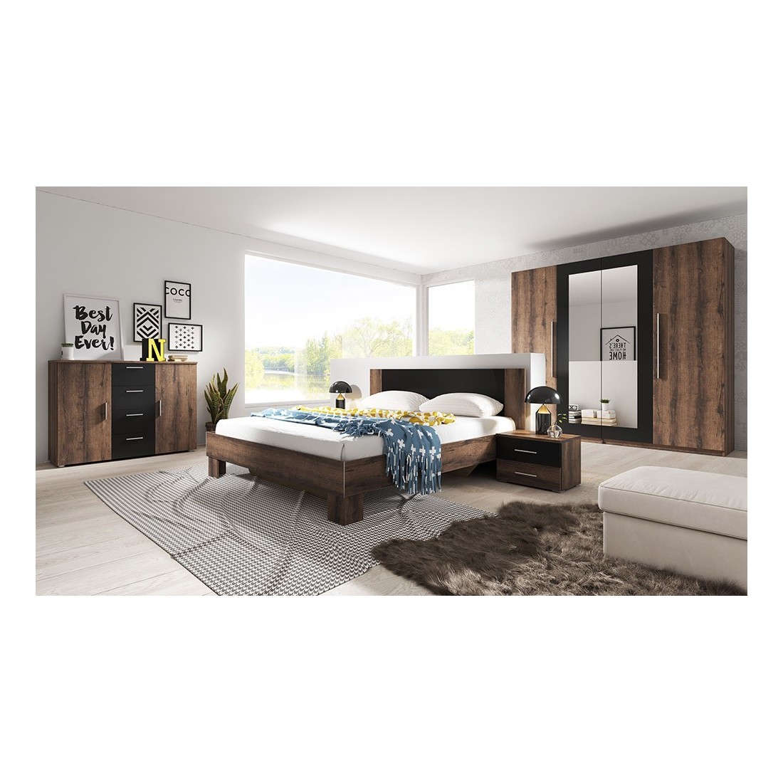 Chambre complète Irina imitation chêne foncé et noir : Lit 180x200 cm + armoire + commode + chevets.