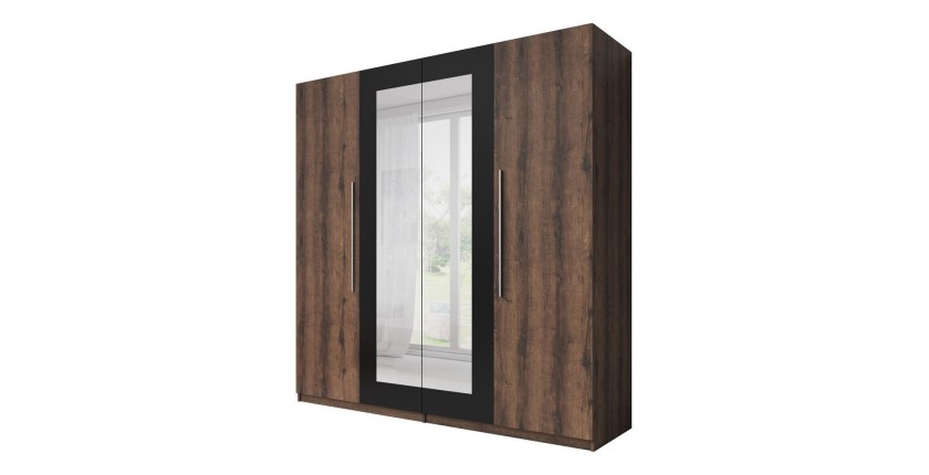 Chambre complète Irina imitation chêne foncé et noir : Lit 180x200 cm + armoire + commode + chevets.