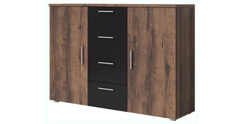 Chambre complète Irina imitation chêne foncé et noir : Lit 180x200 cm + armoire + commode + chevets.
