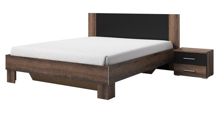 Chambre complète Irina imitation chêne foncé et noir : Lit 180x200 cm + armoire + commode + chevets.