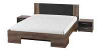 Chambre complète Irina imitation chêne foncé et noir : Lit 180x200 cm + armoire + commode + chevets.