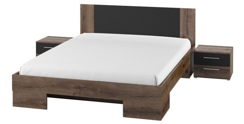 Chambre complète Irina imitation chêne foncé et noir : Lit 180x200 cm + armoire + commode + chevets.