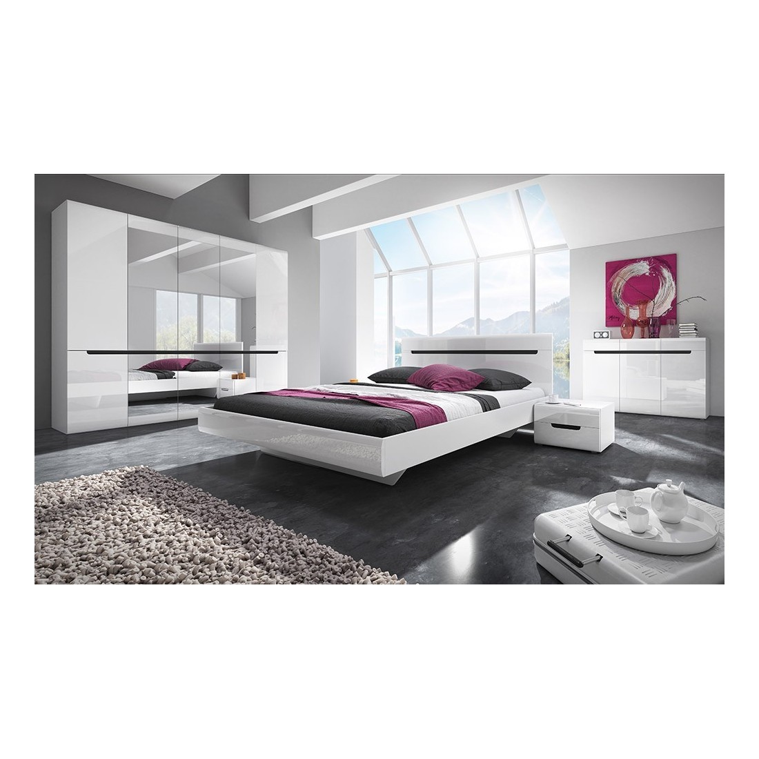 Chambre à coucher LUCIA : Armoire 4 portes + Lit 160x200 + 2 Chevets. Couleur blanc, style design