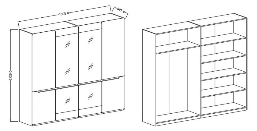 Chambre à coucher LUCIA : Armoire 4 portes + Lit 160x200 + 2 Chevets. Couleur blanc, style design