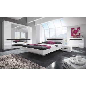 Chambre à coucher LUCIA : Armoire 4 portes + Lit 180x200 + 2 Chevets. Couleur blanc, style design