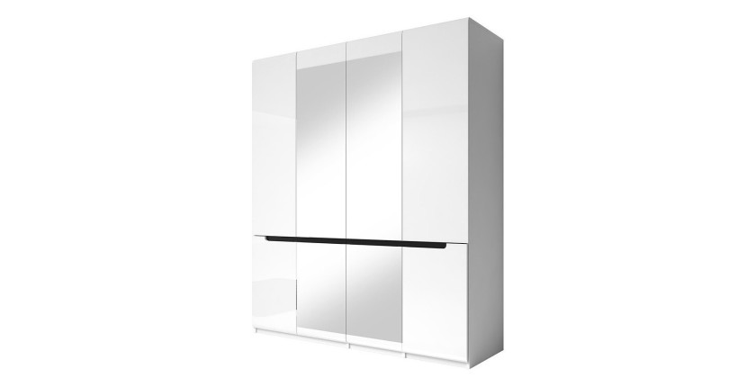 Chambre à coucher LUCIA : Armoire 4 portes + Lit 180x200 + 2 Chevets. Couleur blanc, style design