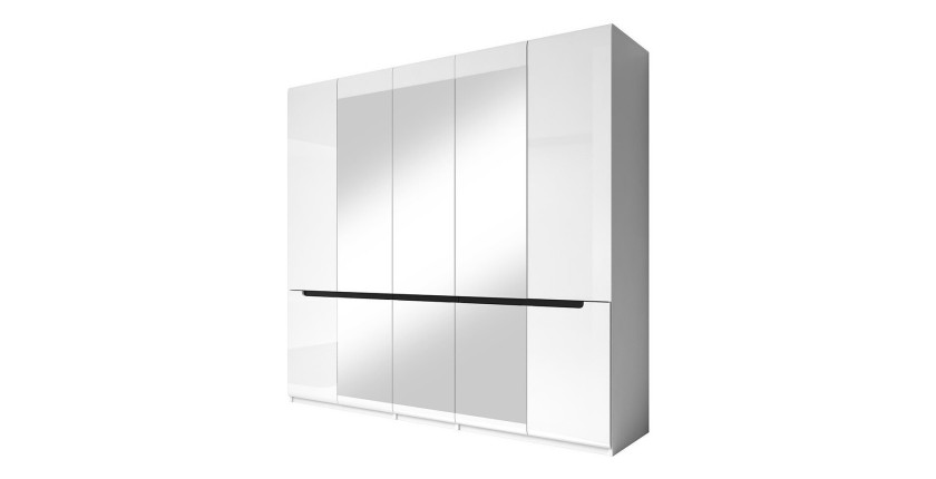 Chambre à coucher LUCIA : Armoire 5 portes + Lit 180x200 + 2 Chevets. Couleur blanc, style design