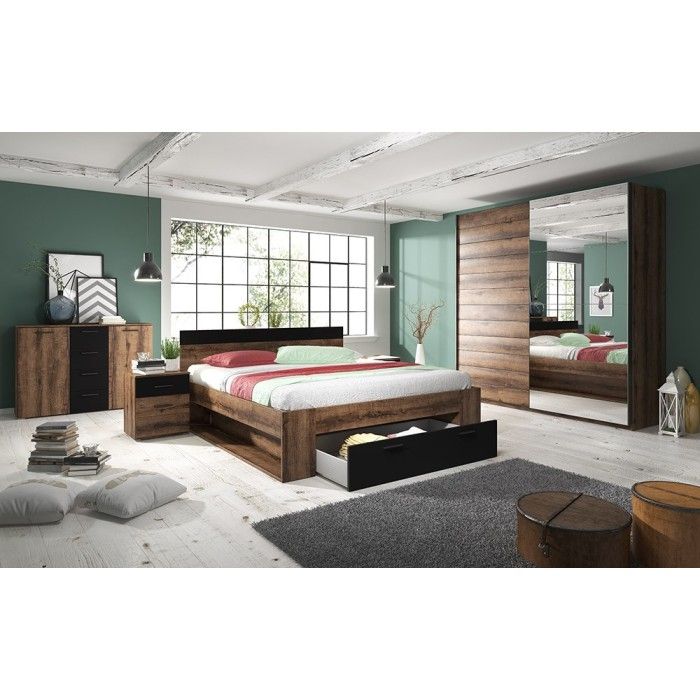 Chambre à coucher EOS : Armoire 200cm, Lit 160x200, commode, chevets. Couleur chêne foncé et noir