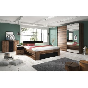 Chambre à coucher EOS : Armoire 220x210, Lit 160, commode, chevets. Couleur chêne foncé et noir