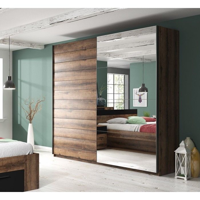 Chambre à coucher EOS : Armoire 2 mètres, Lit 180x200, commode, chevets. Couleur chêne foncé et noir