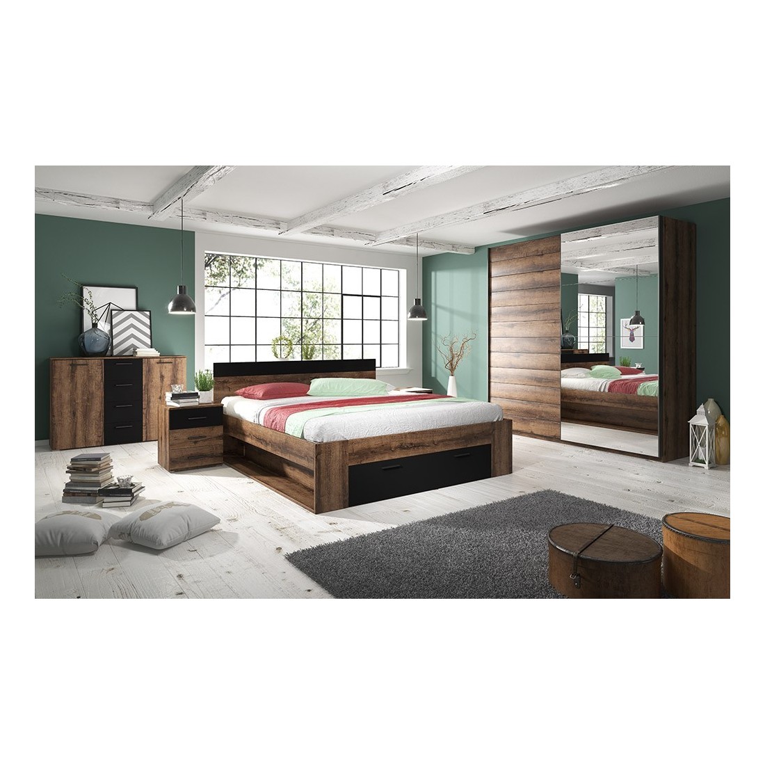 Chambre à coucher EOS : Armoire 220x210, Lit 180, commode, chevets. Couleur chêne foncé et noir