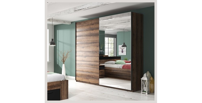 Chambre à coucher EOS : Armoire 220x210, Lit 180, commode, chevets. Couleur chêne foncé et noir