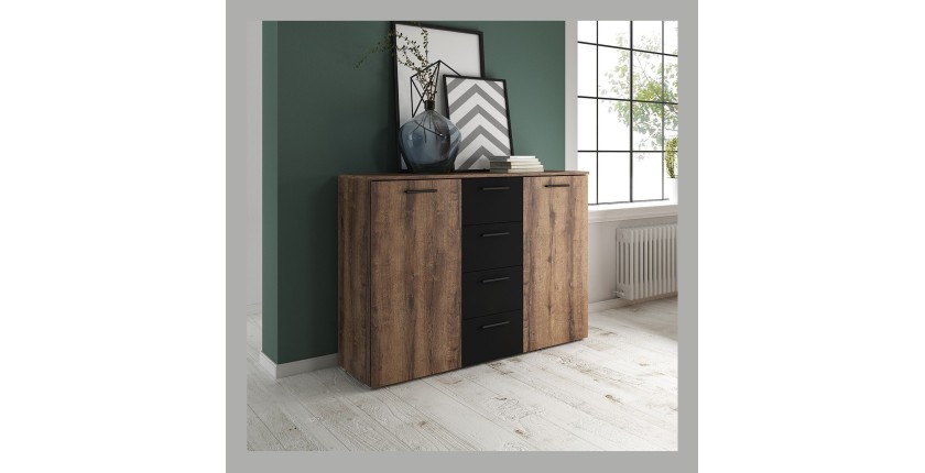 Chambre à coucher EOS : Armoire 220x210, Lit 180, commode, chevets. Couleur chêne foncé et noir