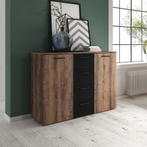 Chambre à coucher EOS : Armoire 220x210, Lit 180, commode, chevets. Couleur chêne foncé et noir