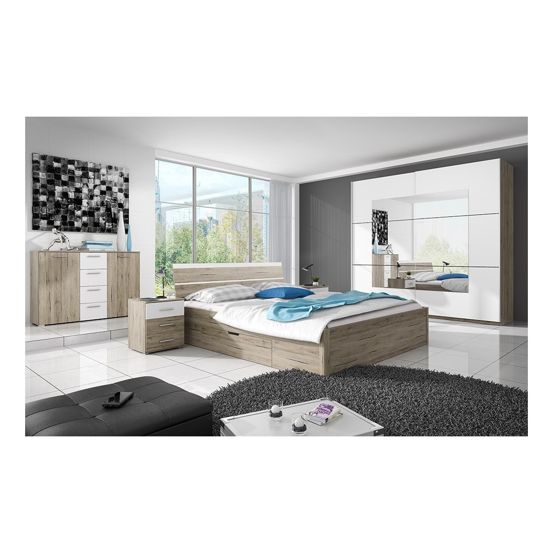 Chambre à coucher EOS : Armoire, Lit 160x200, commode, chevets. Couleur chêne clair et blanc