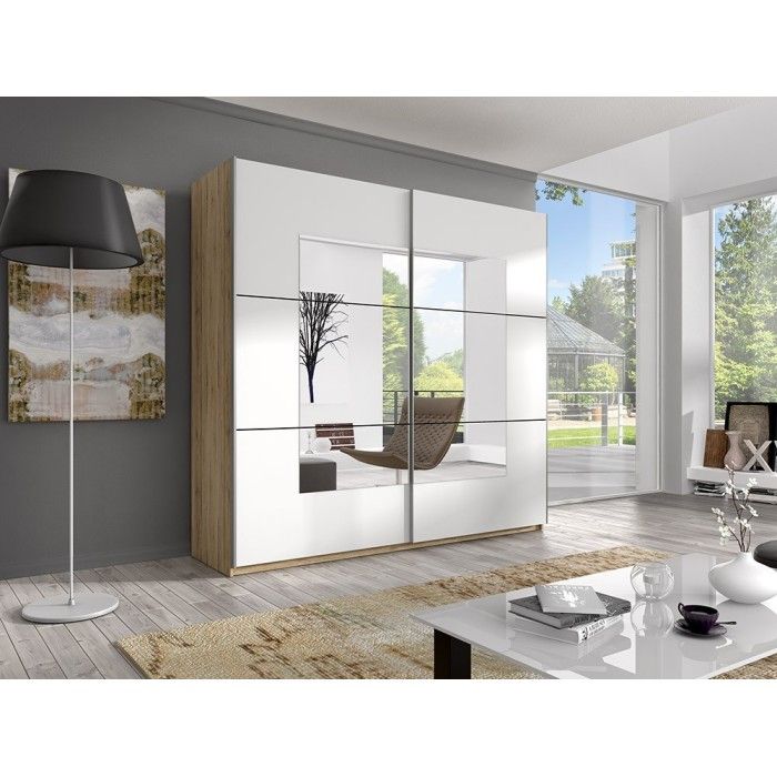 Chambre à coucher EOS : Armoire, Lit 180x200, commode, chevets. Couleur chêne clair et blanc