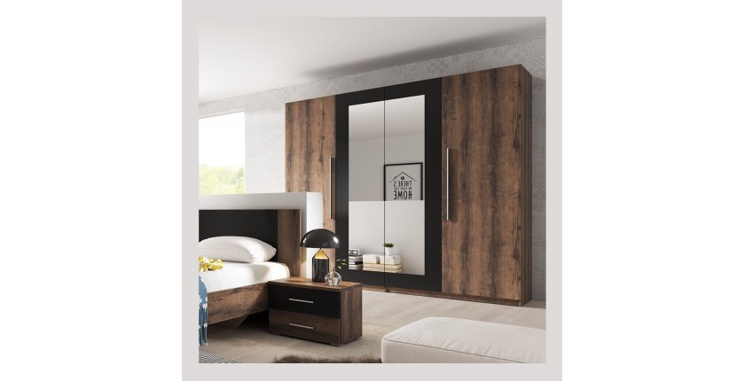 Armoire 4 portes avec miroirs couleur chêne foncé et noir - IRINA