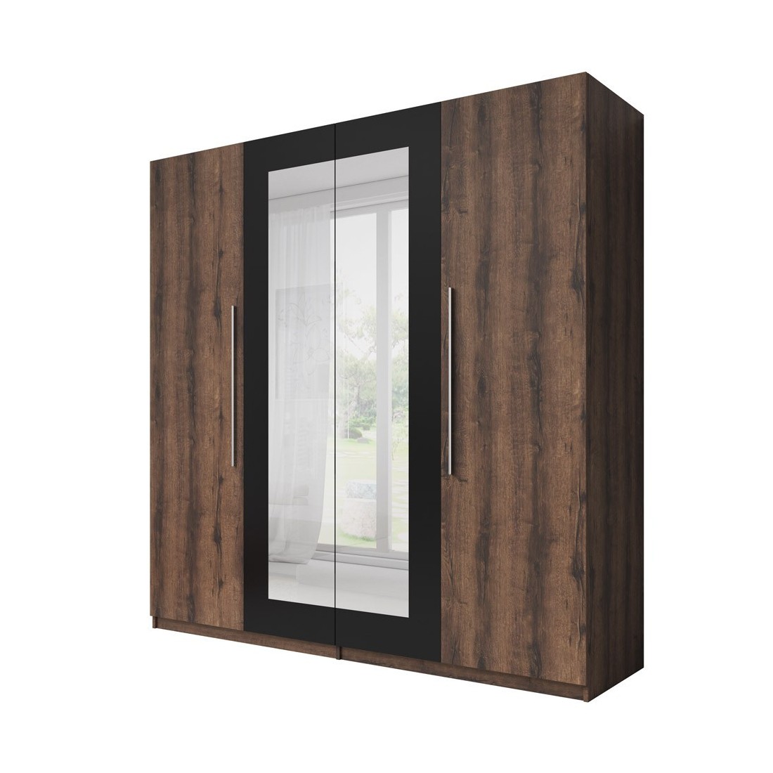 Armoire 4 portes avec miroirs couleur chêne foncé et noir - IRINA